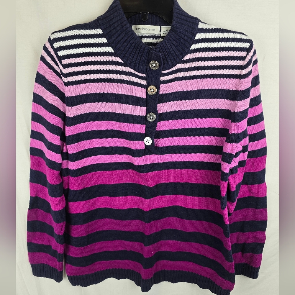 Liz Claiborne Striped Blue Pink and Purple Women's Long Sleeve Sweater Sz XL